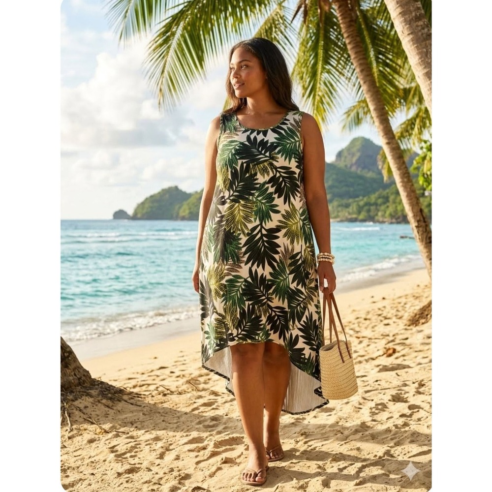 Ashley Stewart Tropical Leaf Tank Dress 22 High Low Linen Blend Resort Vacation
